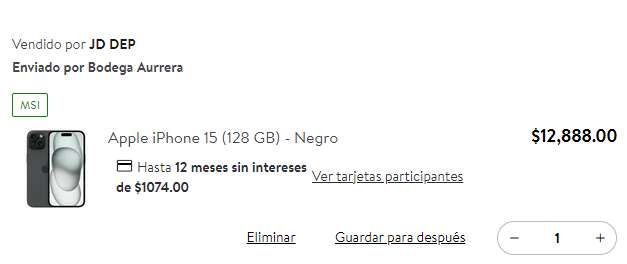 Bodega Aurrera: Apple iPhone 15 (128 GB) - Negro
