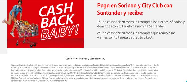 Santander: Cash Back 1% (Vie, Sab y Dom | Tarjeta nómina) y 2% (viernes | LikeU) pagando en Soriana y/o City Club [Peor es nada]