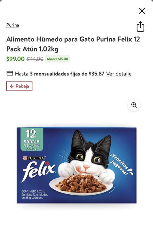 Walmart: Alimento húmedo para gato Purina Felix 12 piezas