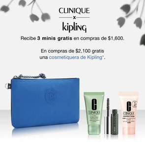 Clinique: Cosmetiquera kipling gratis + 3 muestras (En compras de $2100)