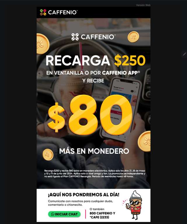 Caffenio: Recarga $250 en ventanilla o app y recibe $80 en monedero