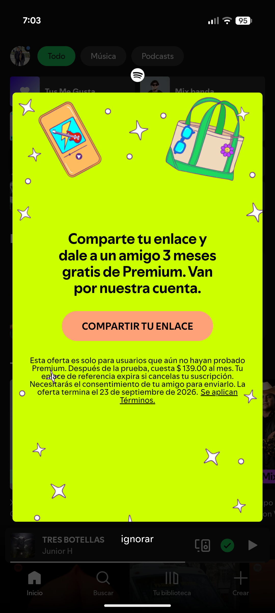 App Spotify - Comparte tu enlace y dale a un amigo 3 meses gratis de Premium. Van por nuestra cuenta.