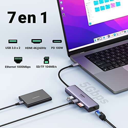 Amazon: UGREEN Hub USB C, 7 en 1 Adaptador USB C con HDMI 4K 60Hz, Gigabit Ethernet, 100W PD Carga