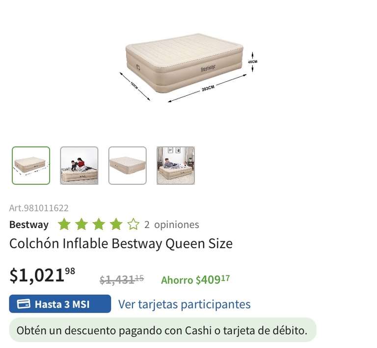 Sam's Club: Colchon inflable bestway queen o matrimonial (sams)
