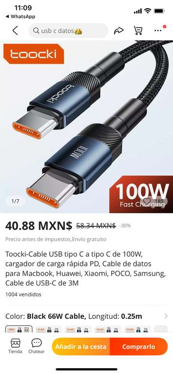 AliExpress: Toocki-Cable USB tipo C a tipo C de 100W, cargador de carga rápida PD