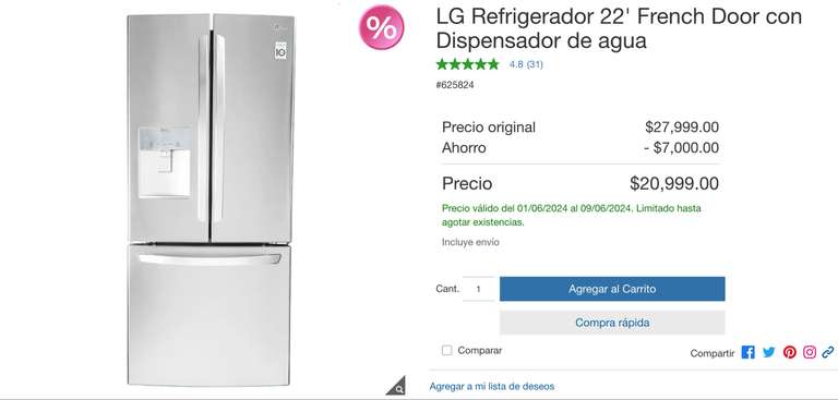 Costco: LG Refrigerador french door