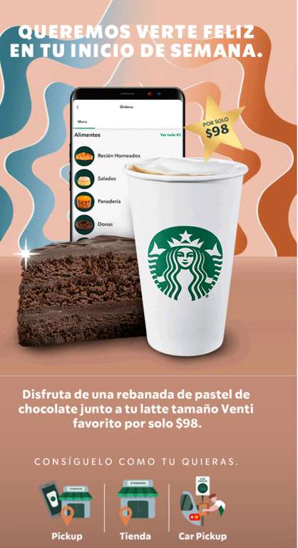 Starbucks: Café latte venti + rebanada de pastel | Pickup, tienda o car pickup