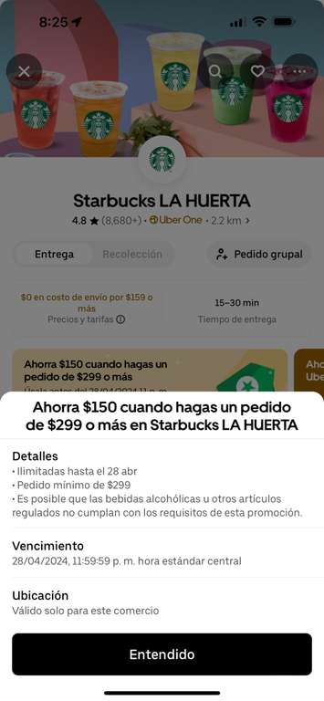 Uber Eats: Starbucks $150 de descuento en compra minima $300 (uber one)