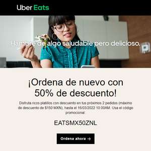 Uber Eats: Cupón 50% de descuento en tus próximos 2 pedidos