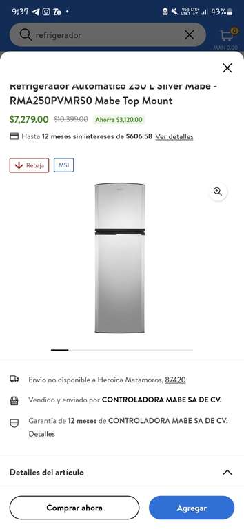 Walmart: Refrigerador Mabe 250L Silver pagando con cashi