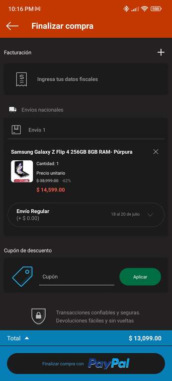 Linio: Samsung z flip 4, pagando con paypal