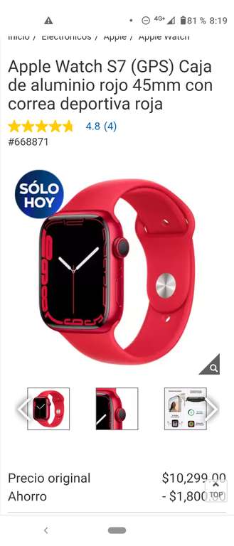 Costco Apple Watch S7 (GPS) Caja de aluminio rojo 45mm con correa deportiva roja con PAypal