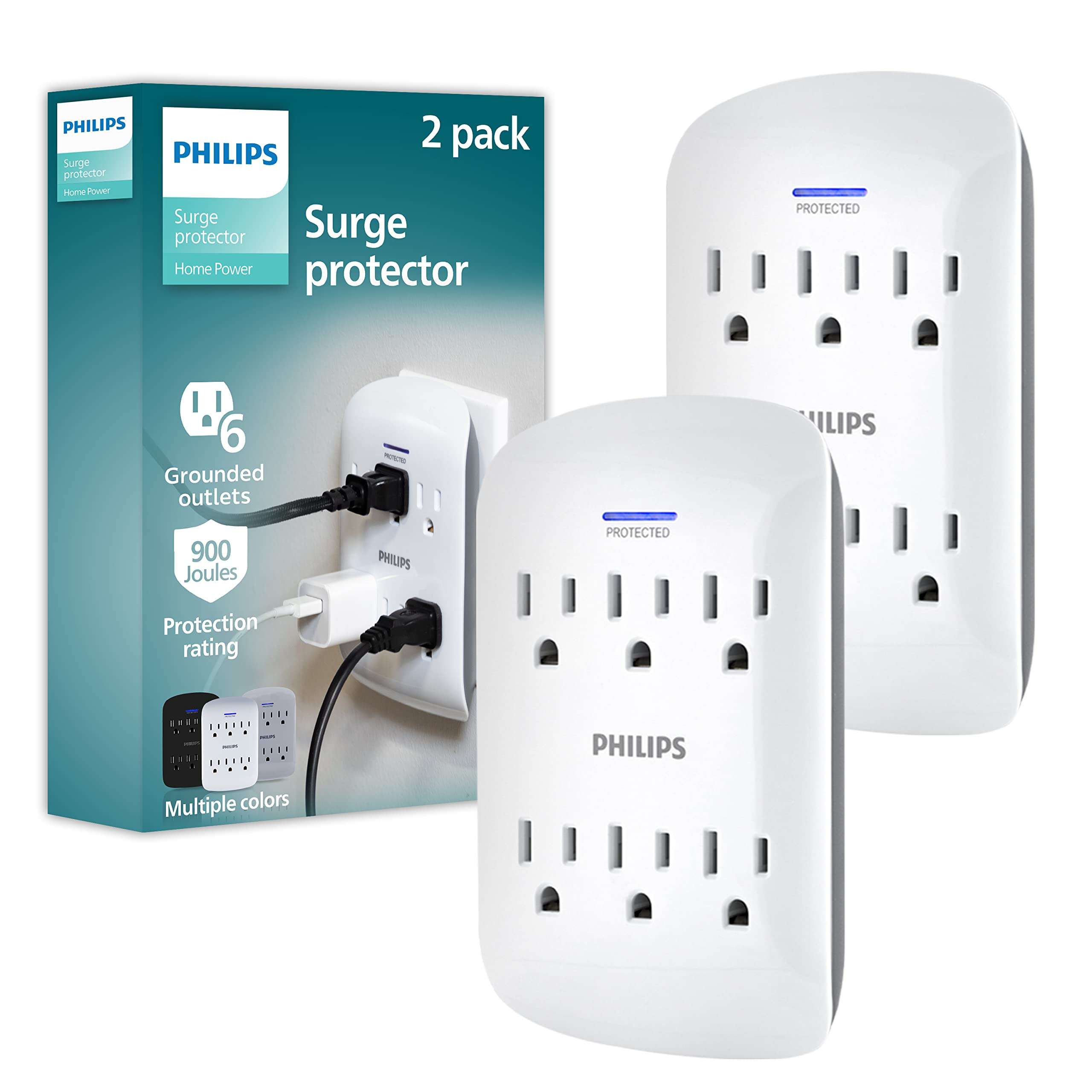 Amazon: Philips, Multicontacto de Pared de 6 Salidas con Supresor de Picos, 900 Julios.Certificacion ETL, Blanco, Paquete de 2, SPP3466WA/37