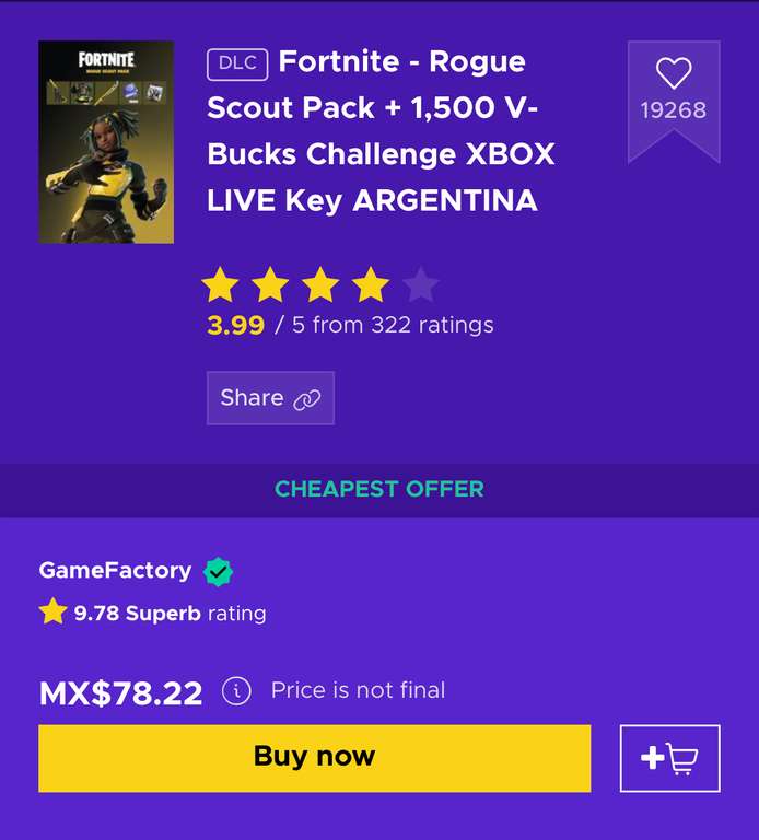 Eneba: Fortnite - Rogue Scout Pack + 1,500 V-Bucks AR Xbox