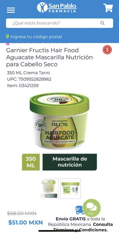 Farmacias San pablo: Garnier Fructis Hair Food Aguacate