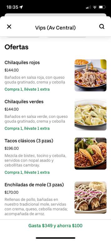 Uber eats: Vips 2x1 + $100 de descuento (Uber one) | ejemplo: tacos dorados $75