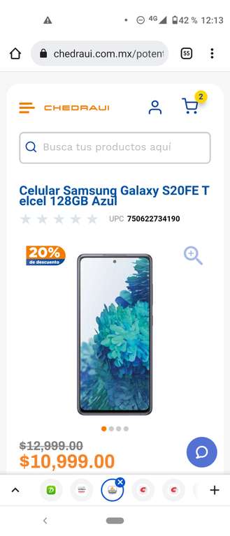 Chedraui Celular Samsung Galaxy S20FE Telcel G780G 128GB Azul sin promociones bancarias