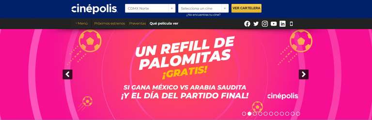 Cinepolis: Palomitas gratis si gana Mexico