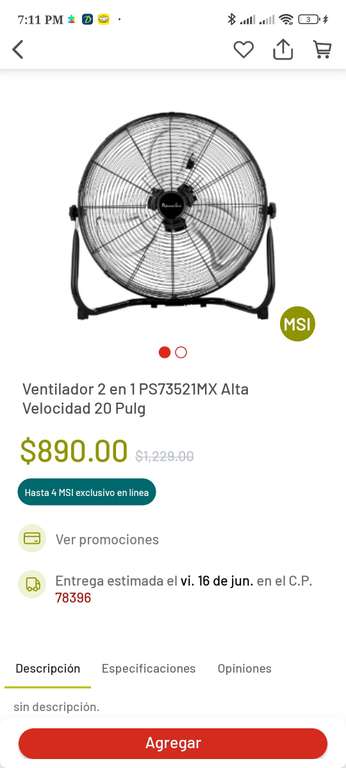 Soriana: Ventilador 2 en 1 PS73521MX Alta Velocidad 20 Pulg