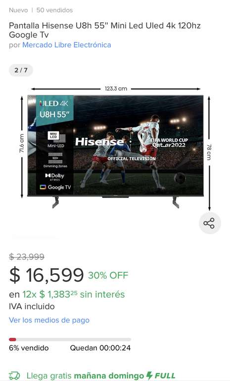 Mercado Libre: tv Hisense U8H oferta relámpago