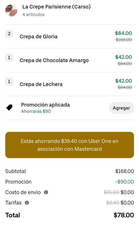 Uber eats - La Crepe Parisienne, 4 crepas por $78 (leer descripción) | siendo member one