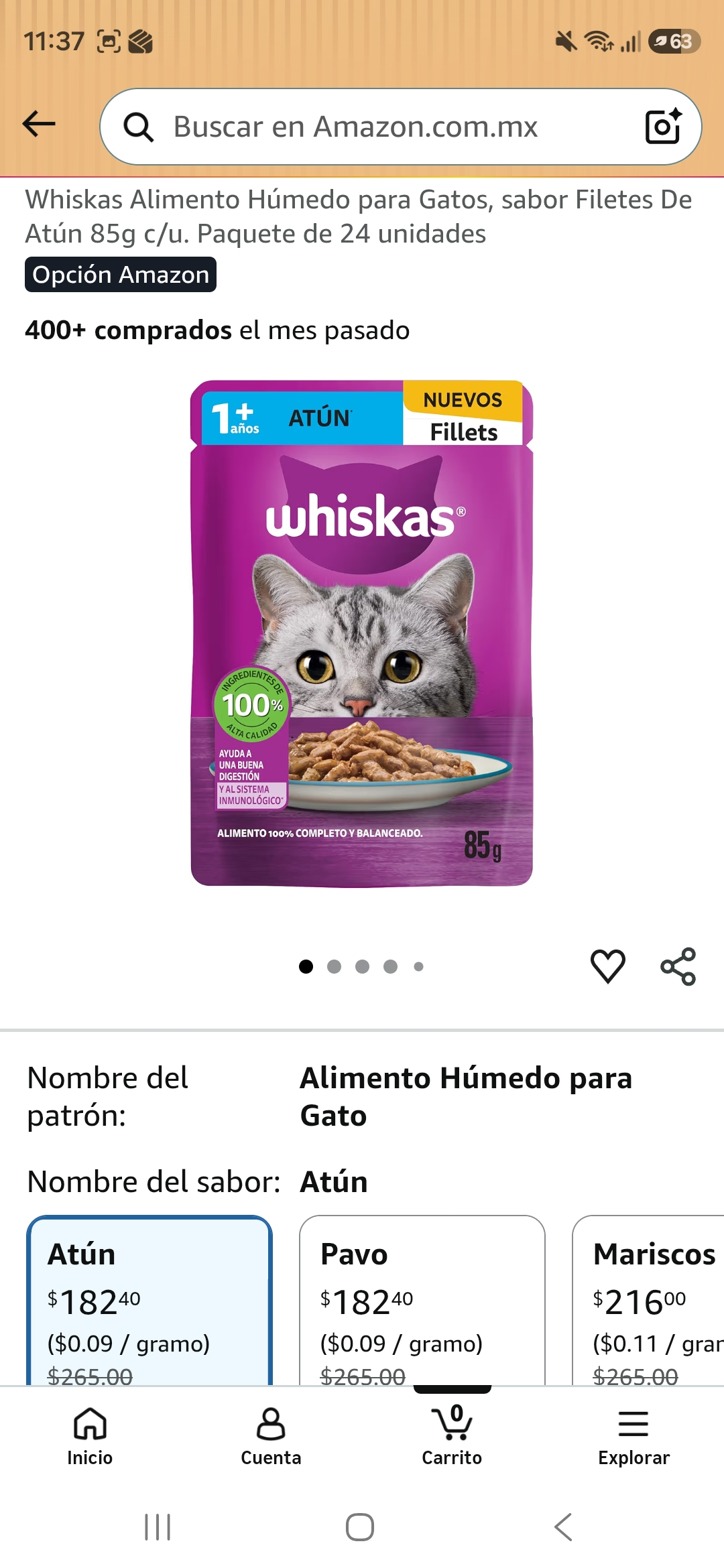 Amazon: Whiskas Alimento Húmedo para Gatos, sabor Filetes De Atún 85g c/u. Paquete de 24 unidades
