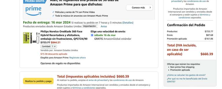 Amazon: Philips Norelco OneBlade 360 Face Hybrid Recortadora y afeitadora, embalaje sin frustraciones, QP2724/90