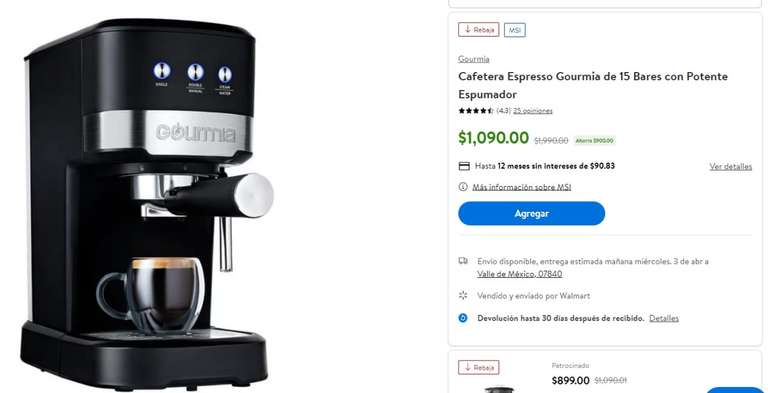 Walmart: Cafetera Espresso Gourmia de 15 Bares con Potente Espumador