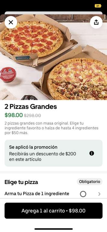 Uber Eats: 2 pizzas grandes en oferta, Domino's