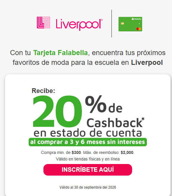FALABELLA: 20% de cashback en estado de cuenta comprando a 3 y 6 MSI en Liverpool, Boutiques seleccionadas y Suburbia