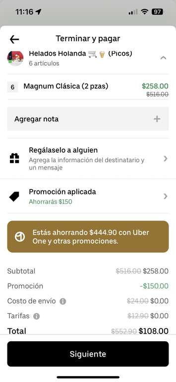 Uber Eats: Helados Holanda uber one. 12 magnum $108