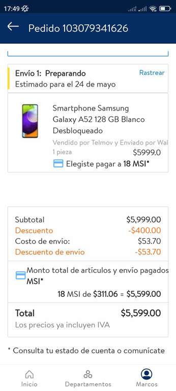 Walmart: Samsung Galaxy a52 6gb/128gb (15% de descuento al pagar con BBVA a 18 msi)