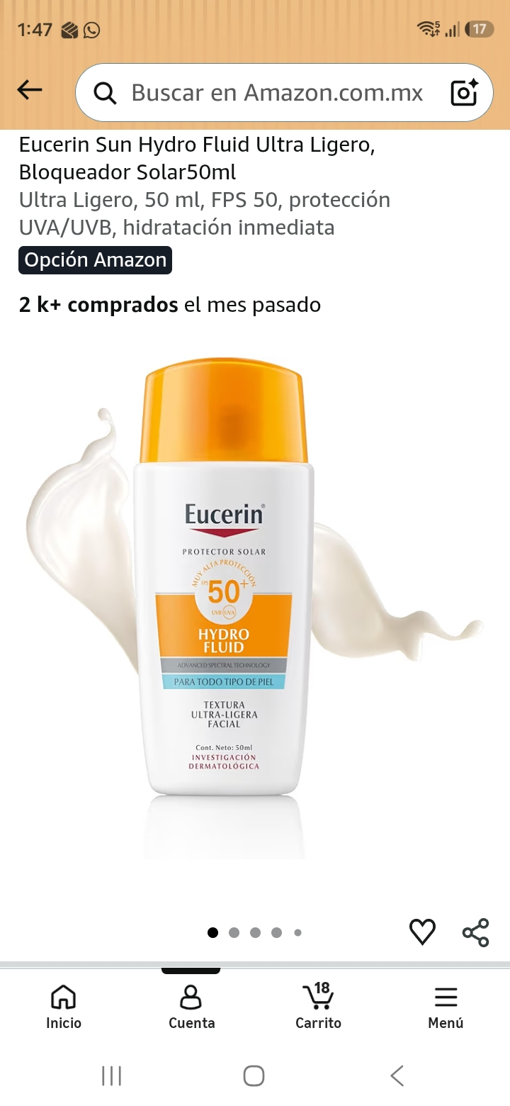 Amazon Eucerin Sun Hydro Fluid Ultra Ligero, Bloqueador Solar 50ml | Planea y Ahorra