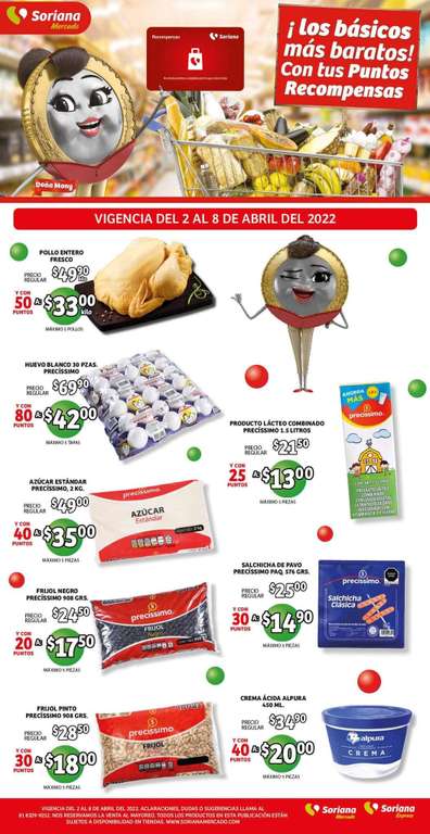 Soriana Mercado y Express: Volante "¡Los Básicos Más Baratos! Con Tus Puntos Recompensas" vigente al Viernes 8 de Abril
