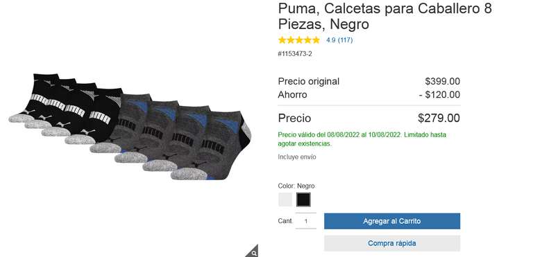 Costco Puma, Calcetas para Caballero 8 Piezas, Negro