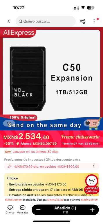 AliExpress: Western Digital WD 1TB tarjeta de expansión C50 negra, tarjeta de memoria para Xbox Series X /Series S