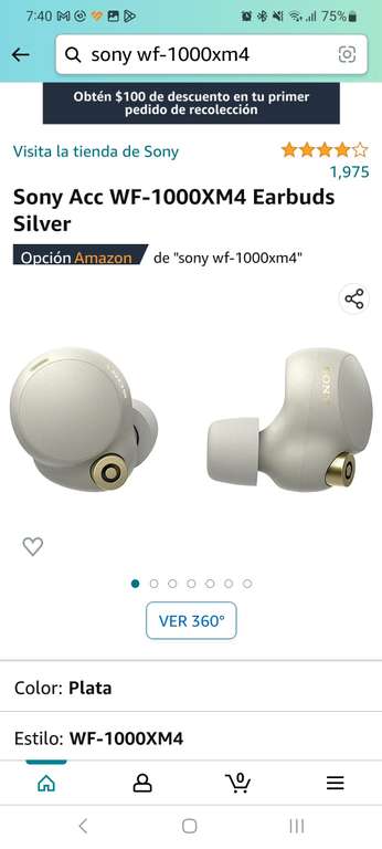 Amazon: Sony Acc WF-1000XM4 Earbuds Silver Opción