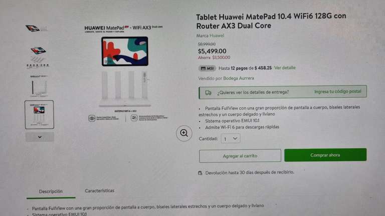Bodega Aurrera: Tablet Huawei MatePad 10.4 WiFi6 128G con Router AX3 Dual Core