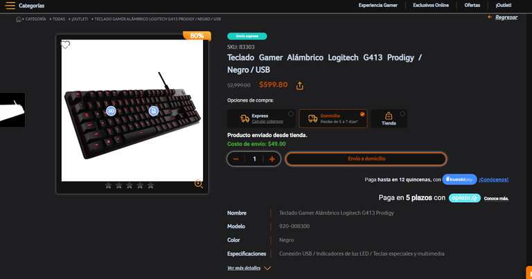 Radioshack: Teclado Gamer Alámbrico Logitech G413 Prodigy / Negro / USB