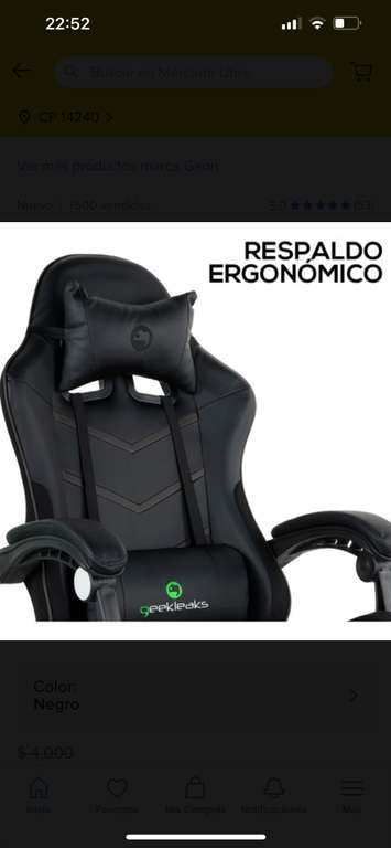 Mercado Libre: Silla gamer ergonomica geekleaks con posa pies de $4,000 a $1,799