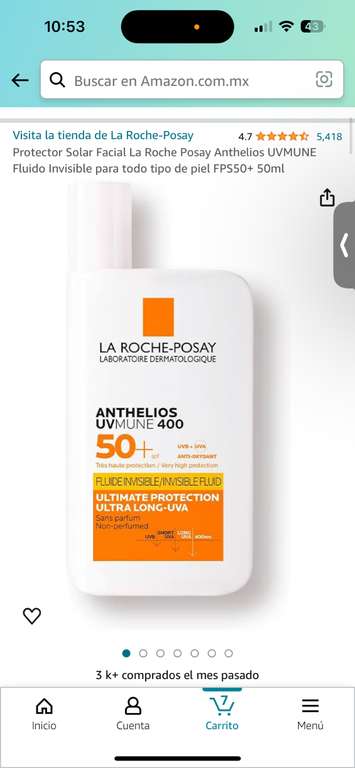 Amazon: Protector Solar Facial La Roche Posay Anthelios UVMUNE Fluido Invisible para todo tipo de piel FPS50+ 50ml