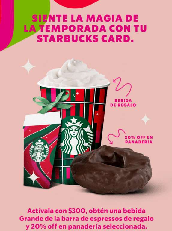 Starbucks: Café gratis base espresso + 20% OFF en 1 pza de panadería al activar tarjeta Card Red Cup Diecut con $300 o más