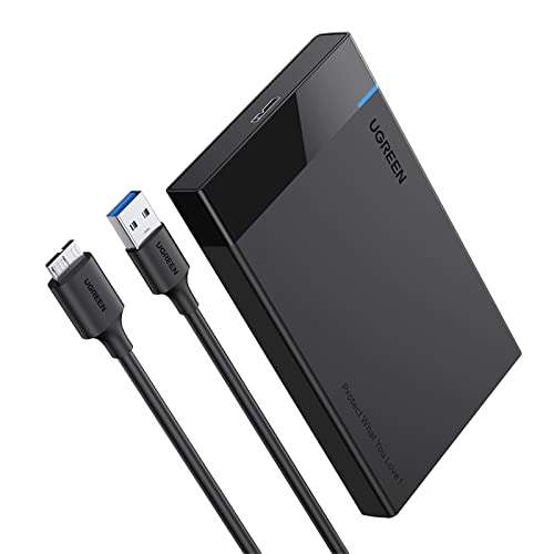 Amazon: Carcasa de Disco Duro USB 3.0, UGREEN 2.5'', para 2.5'' HDD SSD SATA I/II/III de 7mm 9.5mm, 50cm Cable