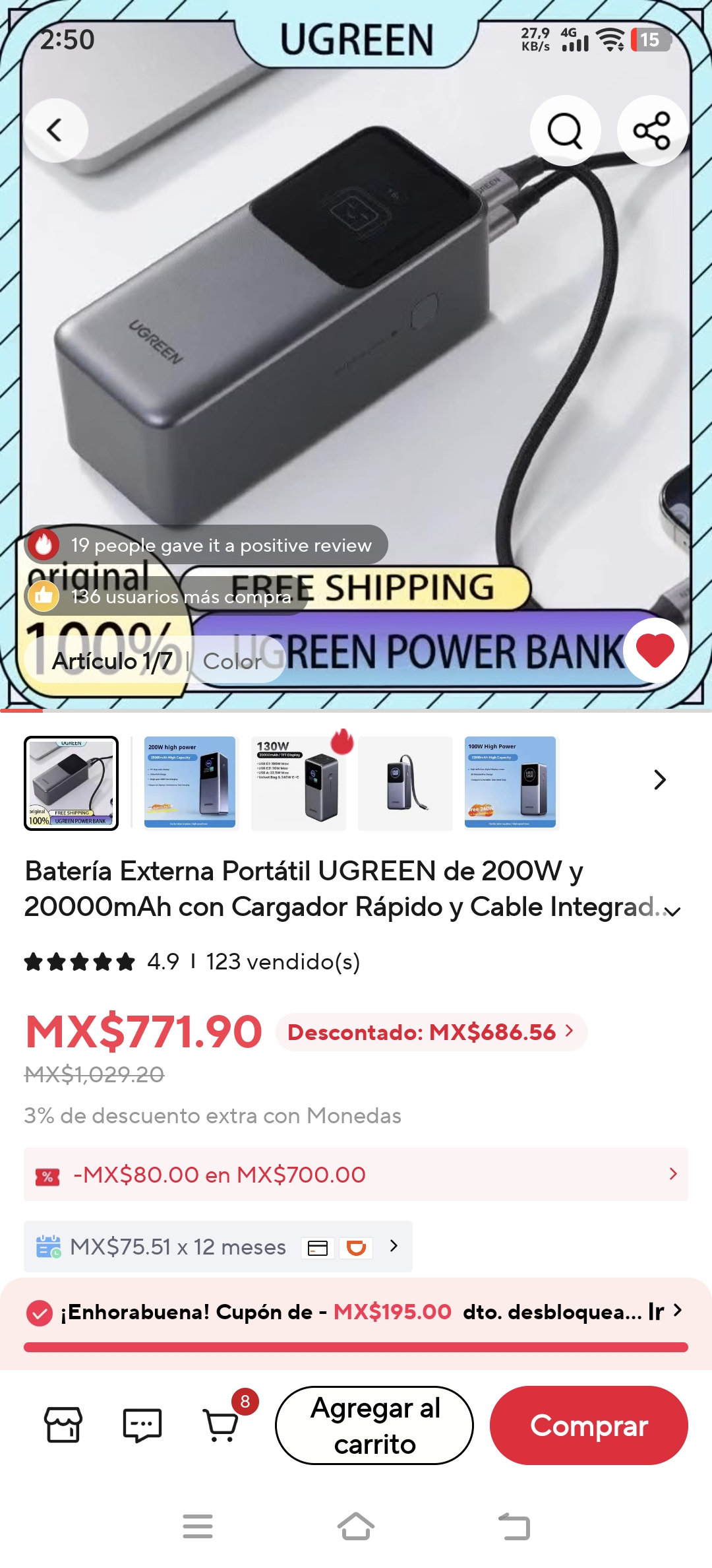 AliExpress: Batería Externa Portátil UGREEN de 200Wy 20000mAh