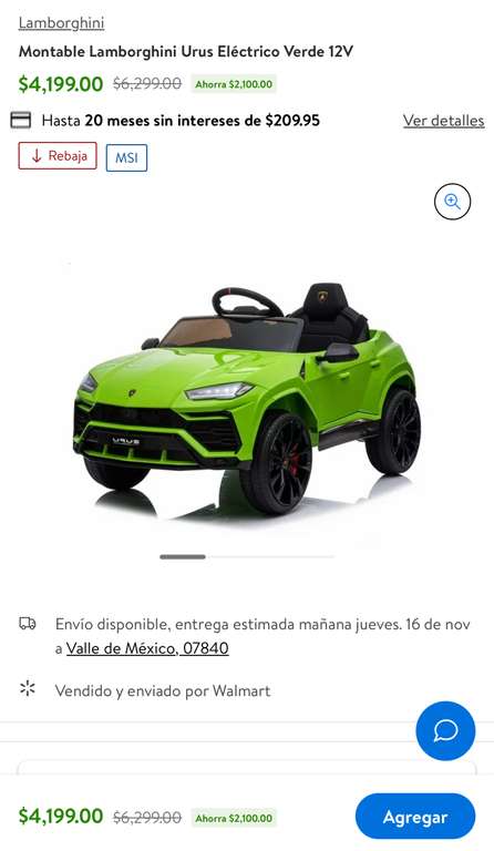 Walmart: Montable Lamborghini Urus Eléctrico Verde 12V