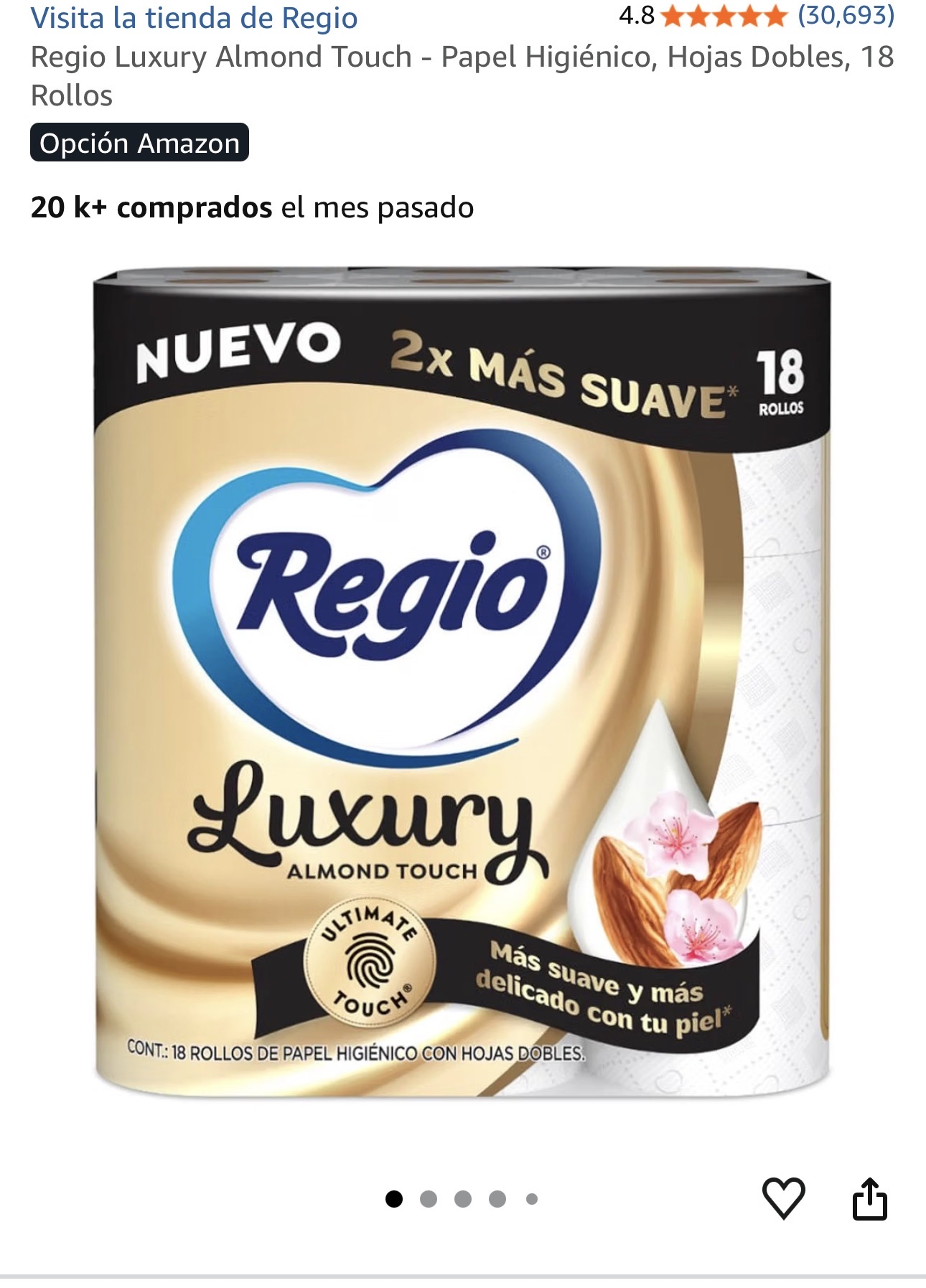 Amazon: Regio Luxury Almond Touch - Papel Higiénico, Hojas Dobles, 18 Rollos | Planea y ahorra $102 comprando 5