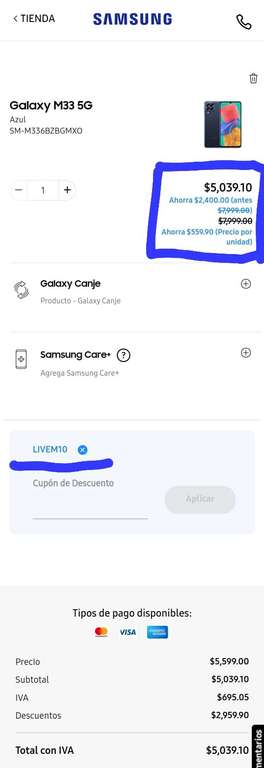 Samsung Store: M33 5g 6 de ram 128 $5039 con cupón