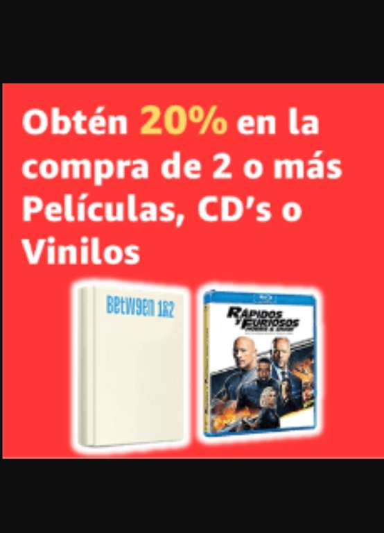 Amazon: 20% de Descuento en la compra de 2 ó mas Películas, CD,s ó Vinilos
