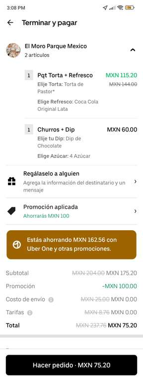 Uber EATS - Uber One - El Moro Parque México, Pqt Torta+refresco, 4 Churros+dip