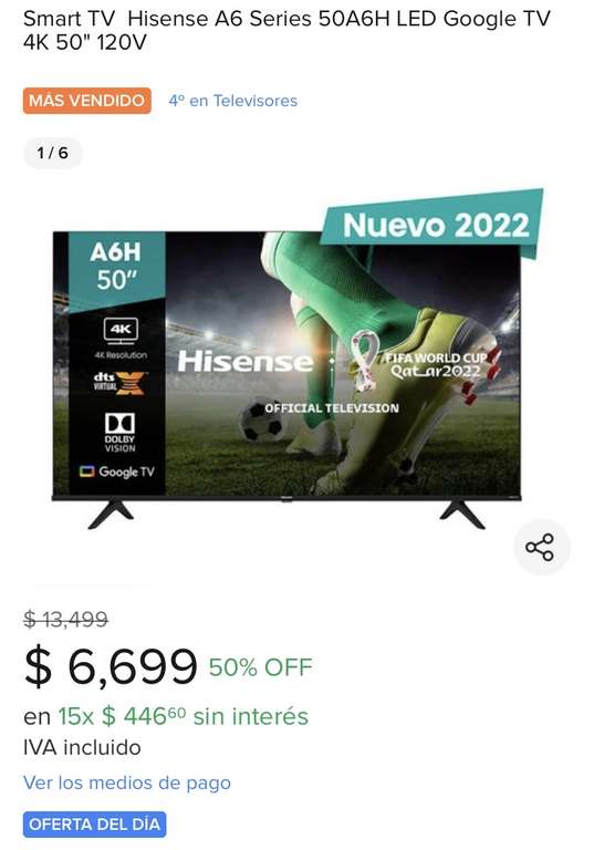 Mercado Libre: Smart TV Hisense A6 Series 50A6H LED Google TV 4K 50" 120V